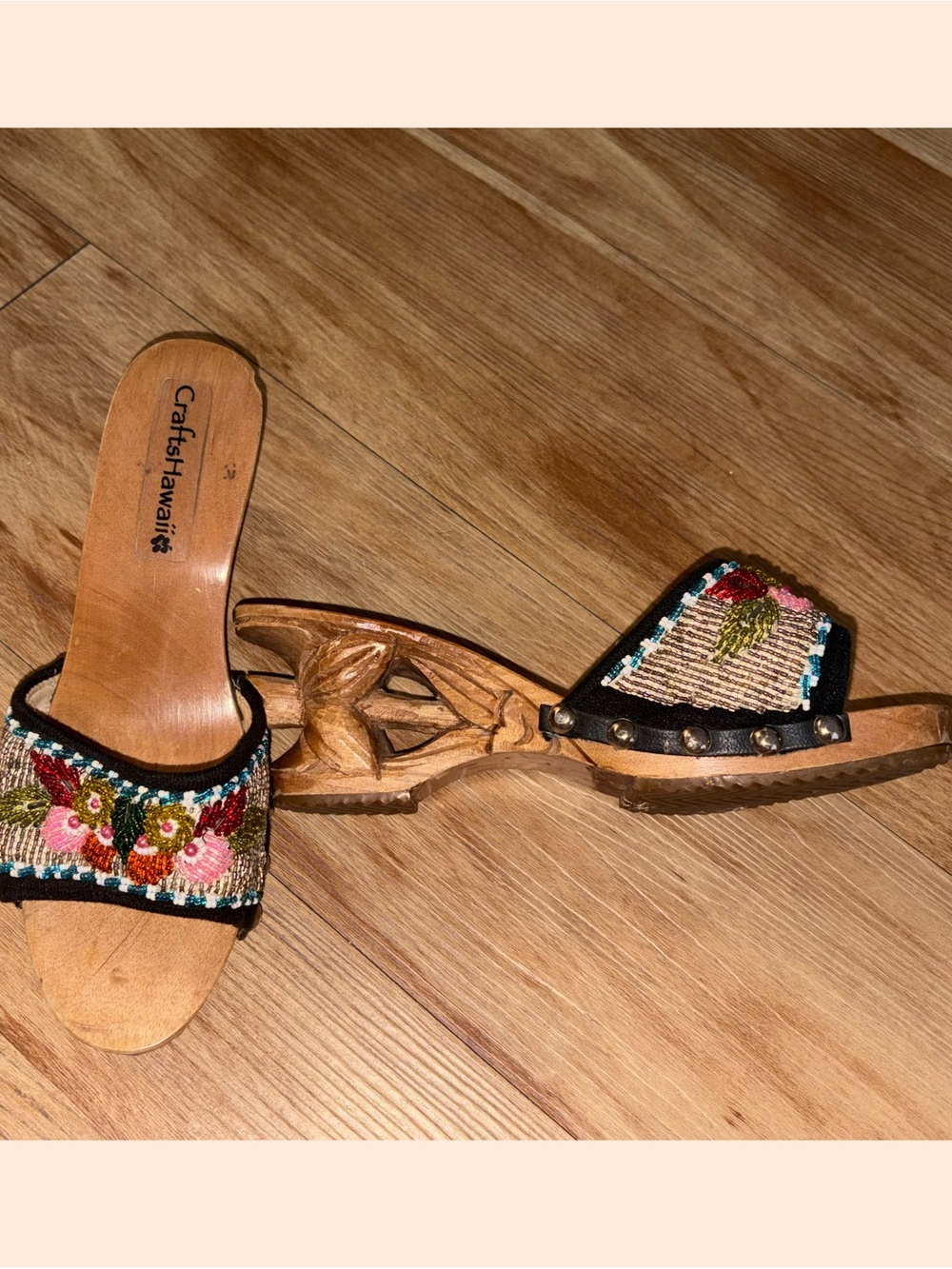 Floral Embroidered Wooden Slide Sandals - Black Multi